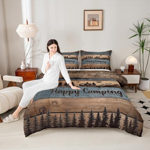 Happy Camping Comforter Set Full Camper Quilt Bedding For Kids Adults,Rv Accessories Comforter For Travel Trailers Rustic Farmhouse Wooden Board Duvet Set Mountain Pine Trees Decor,2 Pillow Cases - Image 5