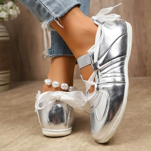 Women's Lace-up Fashion Ballerina Sneakers Dressy Ballet Flats Comfortable Tennis Walking Casual Shoes Fashion Lightweight Workout Athletic Low Top Glossy Round Toe Sports Dance Shoes - Image 4