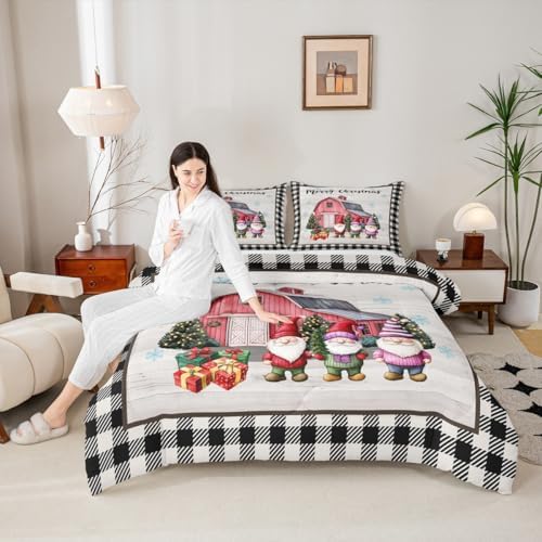 Christmas Gnomes Comforter Set Rustic Farmhouse Red House Xmas Bedding Sets King,Black White Buffalo Check Plaid Comforter For Kids Teen Adults New Year Gifts,Wooden Board Quilt Duvet 2 Pillowcases - Image 4