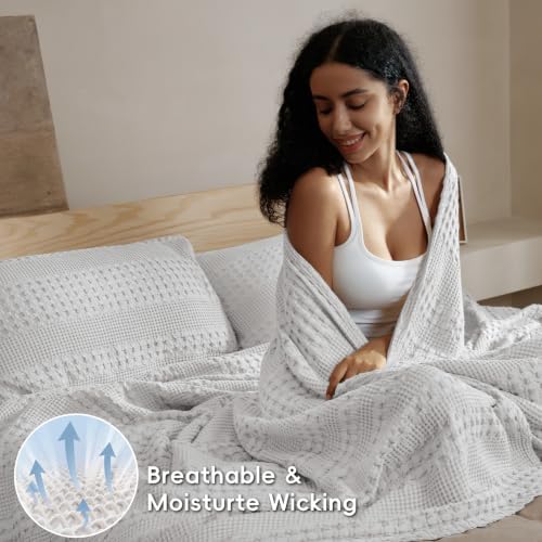 PHF Lightweight 100% Cotton Waffle Blanket for Bed, King, Light Grey - Image 4