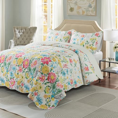 Travan Floral Quilt King Quilt Bedding Set, Ultra Soft Reversible Microfiber King Size Quilt Set with 1 Quilt Set and 2 Shams Yellow Flower Coverlet Set for All Season, Coreopsis-Yellow - Image 2