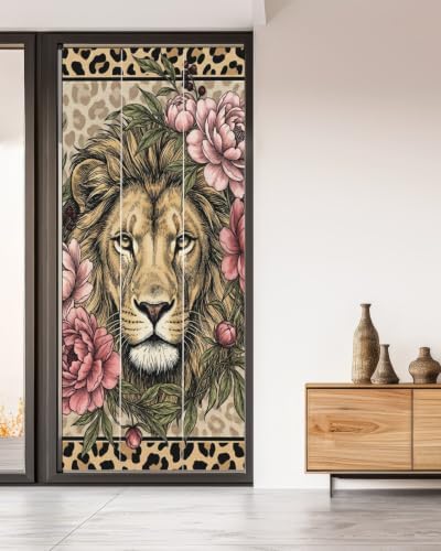 Window Privacy Film Frosted, Lion Print Non-Adhesive Static Cling Window Tint, Vintage Peony Flower Chic Wild Animals Texture Insulated Windows Frosted Films for Living Room, 35.4 x 78.7 Inches - Image 5