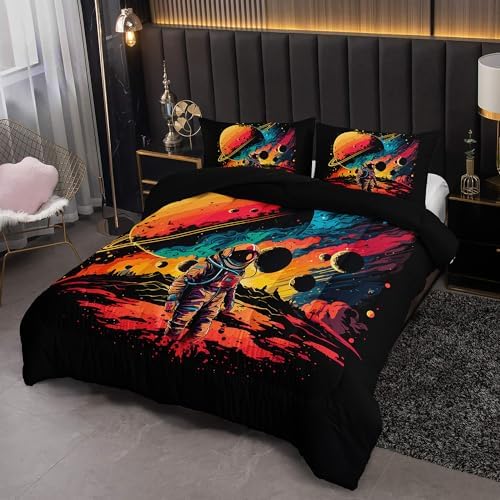 Nttopship Exploring Space Comforter Set Full Size for Adults 3Pcs,Astronaut Exploration Theme Bedding Set Soft Warm for All Season Room Decor with 1 Comforter and 2 Pillow Case - Image 2