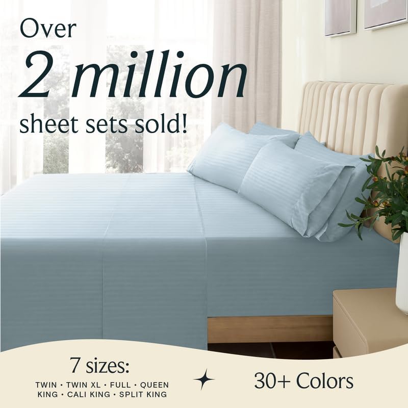 LuxClub 5 PC Split King Size Sheet Set Bed Sheets, Breathable Luxury Sheets, Deep Pockets 18" Wrinkle Free Cooling Sheets Machine Washable Hotel Bedding (Split King, Striped Light Blue) - Image 6