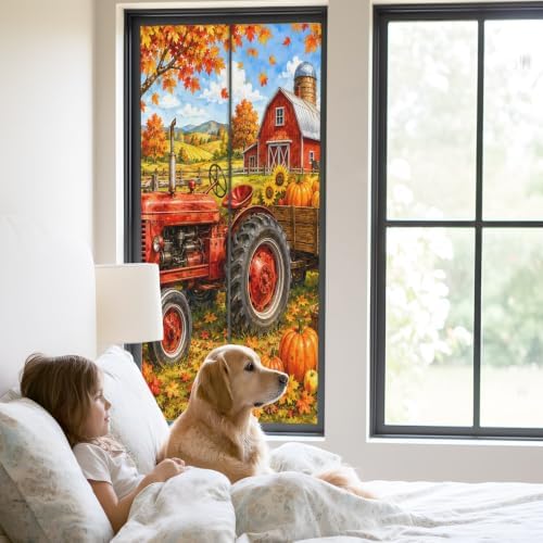Window Privacy Film Frosted, Orange Fall Pumpkins Static Cling Door Window Covering, Thanksgiving Farmhouse Maple Leaves UV Blocking Windows Film for Office, Hotel, Bedroom, 29.5 x 78.7 Inches - Image 2