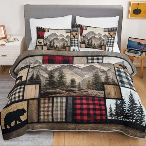 HOSIMA Forest Hunting Plaid Patchwork Quilt Twin Size with 2 Pillowcases. - Image 3