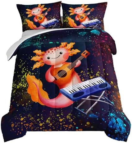 HOSIMA Axolotl Kids Bedding Set - Cute Cartoon Axolotl and Colorful Background-Sea Animals Queen Comforter with 2 Pillowcase by HOSIMA