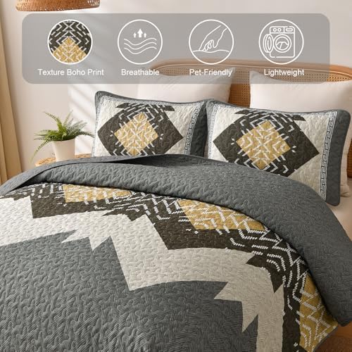 Dintszyayue Aztec Quilt Set Queen, Gray Yellow Boho Lightweight Bedspread - Image 4
