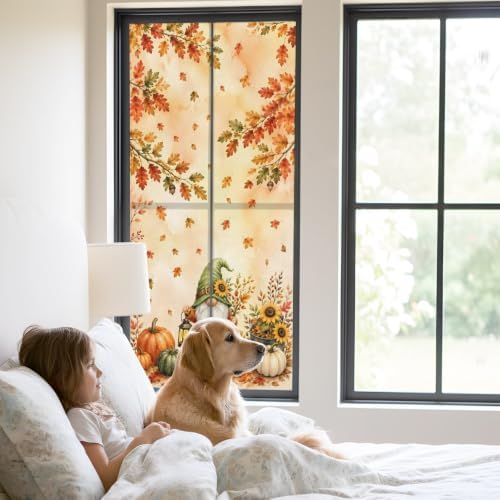 Window Privacy Film Frosted, Thanksgiving Gnomes Static Cling Door Window Covering, Fall Pumpkin Maple Leaves Sunflower UV Blocking Windows Film for Office, Hotel, Bedroom, 29.5 x 78.7 Inches - Image 2
