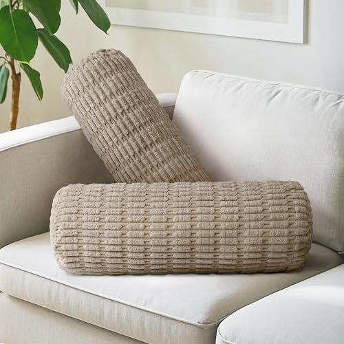 AELS Corduroy Striped Cylinder Pillows, 8" x 24" Decorative Bolster Pillows with Removable Washable Cover and Insert, Body Pillow for Couch and Bed, Living Room Bedroom Nursery Decor, Sand - Image 2