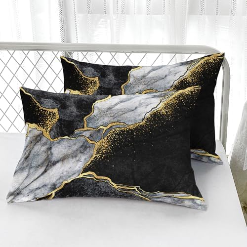 Nttopship Black Gold Gray Marble Comforter Set Queen Size Black Gold Gray Bedding Set Soft Microfiber Minimalist Wind Marble Comforter Sets 3 Pieces with 2 Pillowcases - Image 4
