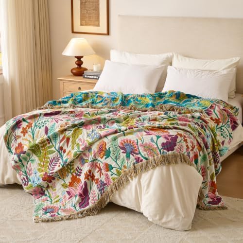 Boho Throw Blanket, 100% Soft Cotton Floral Quilt, King 90"x 98" - Image 7