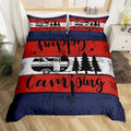 Happy Camping Duvet Cover Full Size 3 Pcs Retro Blue Red White Wooden Stripes Bedding Set for Kids Teens Adults Cartoon RV Trees Rustic Farmhouse Style Comforter Cover with 2 Pillowcases(No Comforter) by CastleFairy
