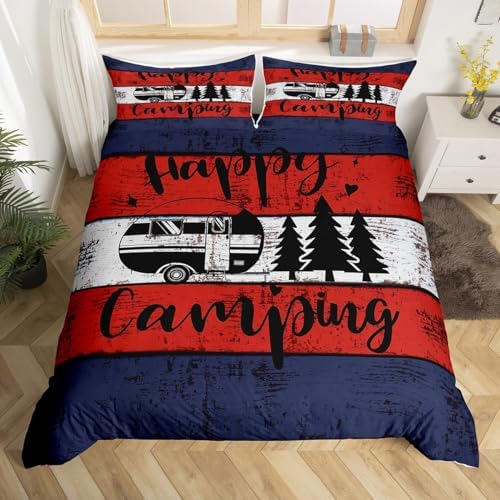 Happy Camping Duvet Cover Full Size 3 Pcs Retro Blue Red White Wooden Stripes Bedding Set for Kids Teens Adults Cartoon RV Trees Rustic Farmhouse Style Comforter Cover with 2 Pillowcases(No Comforter) by CastleFairy