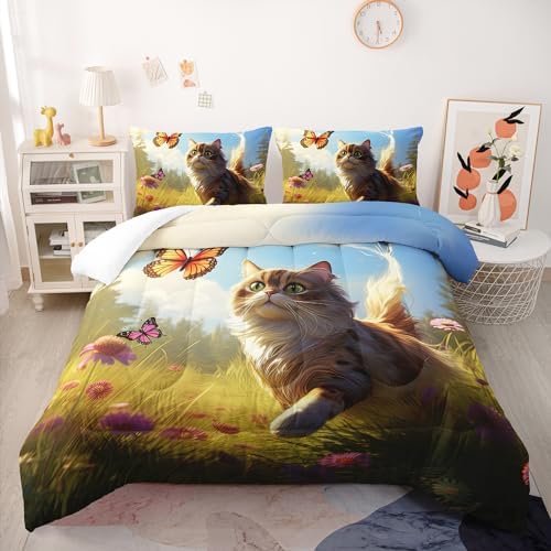 Nttopship Cute Cat Comforter Set for Adults 3Pcs,Spring Cat Theme Bedding Set King Size Soft Warm for All Season Room Decor with 1 Comforter and 2 Pillow Case - Image 2