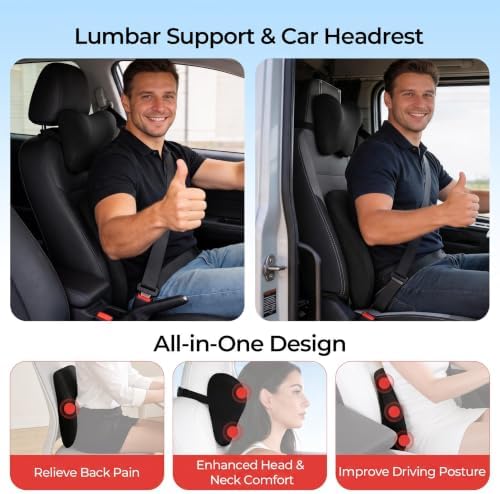 Car Headrest & Lumbar Support Set, Ergonomic Memory Foam Neck Pillow, Comfortable Travel Pillow for Car Truck SUV, Ideal for Long Driving (Gray) (Black) - Image 4