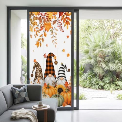 Window Privacy Film Frosted, Thanksgiving Fall Non-Adhesive Static Cling Window Tint, Gnomes Orange Green Pumpkin Leaves Insulated Windows Frosted Films for Living Room, 35.4 x 78.7 Inches - Image 2