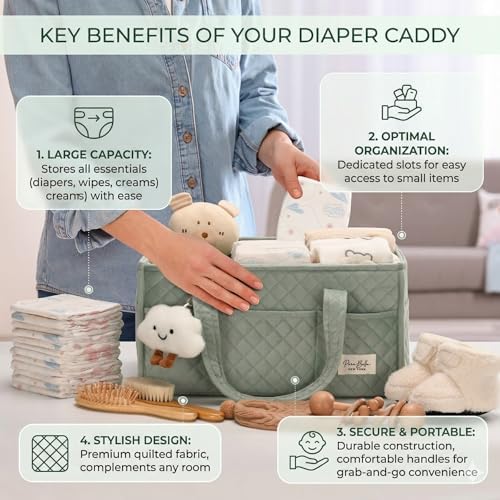 PeraBella Baby Diaper Caddy Organizer, Baby Basket Shower Gift, Portable Changing Table Basket, Postpartum Caddy & Tote Bag Pouch, Newborn Boy & Girl Nursery Essentials Registry, Car Diaper Organizer - Image 3