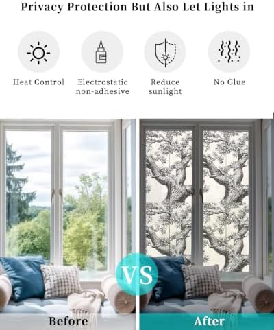 Window Privacy Film Frosted, Vintage Botanical Reusable Static Cling Window Tints, Antique Foliage Tree Rustic Heat Control Windows Films for Offices, Balcony, 29.5 x 118 Inches - Image 6