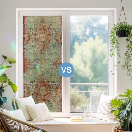 Red Blue Boho Window Privacy Film Rainbow Static Cling Stain Glass Window Film for Glass Door, Decorative Heat Blocking Sunroof Decal Sticker for Car 35.4"x78.7" Ehtnic Abstract Art Modern Geometric - Image 5