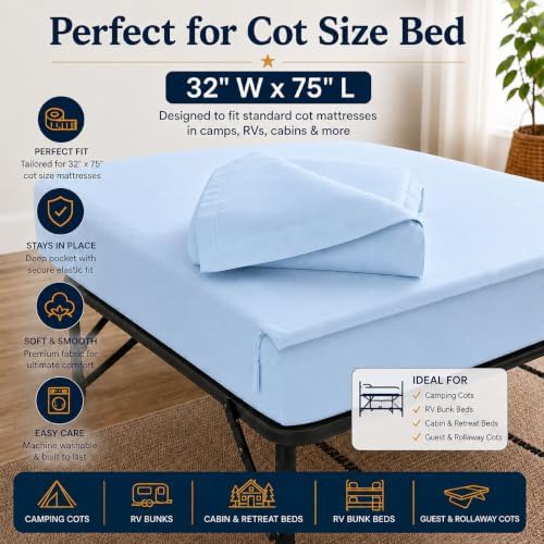 Zipper Cot Fitted Sheet, 32 x 75 Camping Cot Mattress Sheets, 400 Thread Count 100% Cotton, Includes 1 Wraparound Base, 2 Removable Zipper Top Sheets & 2 Pillowcases, 8 Inch Deep Pocket, Light Blue - Image 2