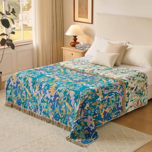 Boho Throw Blanket, 100% Soft Cotton Floral Quilt, Queen 80"x 90" - Image 2