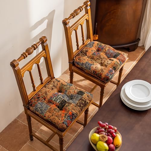 vctops 2 Pack Boho Paisley Chair Cushions with Ties Patchwork U-Shaped Soft Cozy Cotton Linen Chair Pads Non Slip Seat Cushions for Indoor Dining Room and Kitchen Chairs (Tan,18"x18") by vctops