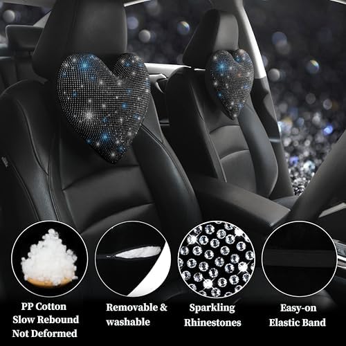 Car Headrest Neck Pillows Rhinestone Automobile Headrest Cover Car Headrest Neck Pillow for Driving with Bling Bling Crystal Car Accessories for Women, Girls and Ladies Black 2 Pieces - Image 2