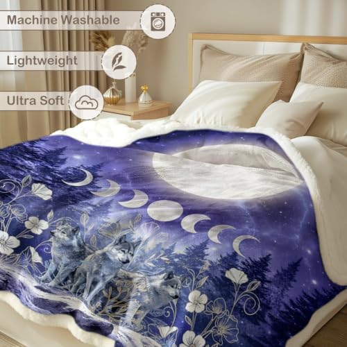 Sleepwish Moon Phase Blanket Celestial Sherpa Throw, Boho Witchy Decor for Women Teens, Spiritual Wolf Design Cozy Fleece Blanket 60x80 Inches for Couch Bed - Image 6