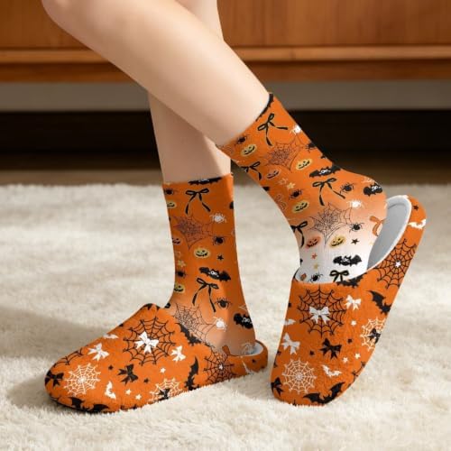 Jeiento Fuzzy Slippers and Crew Sock Set for Women Men Couple Warm Cozy Memory Foam House Shoes Soft Slip-on Slides for Home,Travel - Image 2