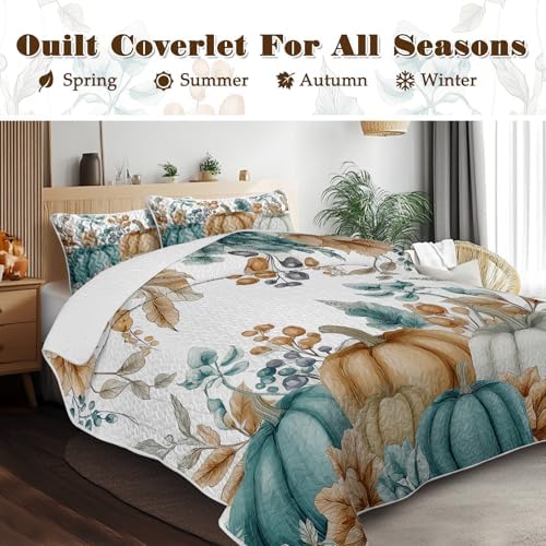 BlessLiving Quilts Queen Size Blue Orange Pumpkins Halloween Fall Bedding - Image 2