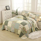vctops Boho Patchwork Cotton Quilted Bedspread Quilt Set King Size 3 Pieces Soft Reversible Lightweight Coverlet Set Floral Print 1 Quilt and 2 Pillow Shams (Green D,King) - Image 3