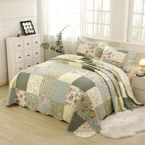 vctops Boho Patchwork Cotton Quilted Bedspread Quilt Set King Size 3 Pieces Soft Reversible Lightweight Coverlet Set Floral Print 1 Quilt and 2 Pillow Shams (Green D,King) - Image 3