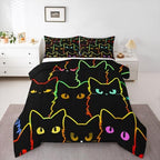 Erosebridal Cat Bedding Sets for Girls & Boys, Gradient Line Cute Cat Comforter Set for Teens & Kids, Animal Quilt Duvet Insert, 2 Pillow Cases, Black by Erosebridal