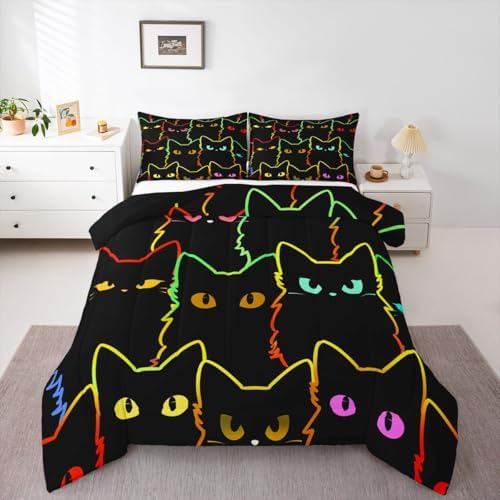 Erosebridal Cat Bedding Sets for Girls & Boys, Gradient Line Cute Cat Comforter Set for Teens & Kids, Animal Quilt Duvet Insert, 2 Pillow Cases, Black by Erosebridal