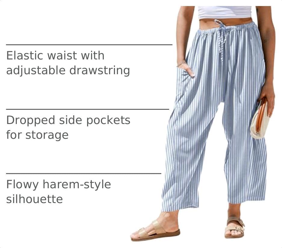 TARSE Womens Linen Wide Leg Striped Pants Casual Barrel Palazzo Harem Pants - Image 4