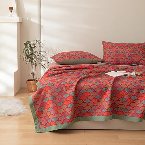100% Cotton Muslin Blanket Jacquard Rustic Mermaid Fish Scales Print Quilt, Soft Bed Cover Reversible Bedspread Coverlet Breathable Lightweight Bedding Full/Queen(78"x94"), No Pillow Sham by Purefair
