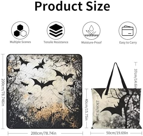 Gothic Black Bat Extra Large Picnic Blankets Waterproof Foldable Beach Blanket Waterproof Sandproof Outdoor Packable Camping Blanket with Zip 79"x79" - Image 3
