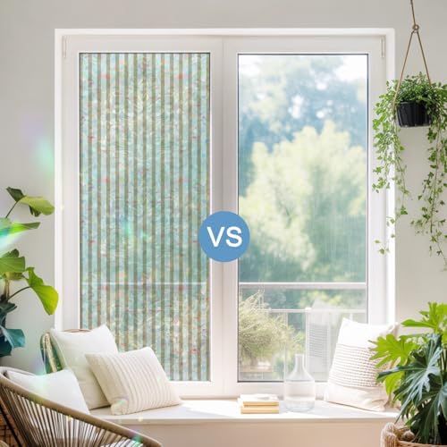 Thin Beige Striped Window Privacy Film Rainbow Static Cling Stain Glass Window Film for Glass Door, Decorative Heat Blocking Sunroof Decal Sticker for Car 35.4"x78.7" Farmhouse Modern Stripes - Image 5