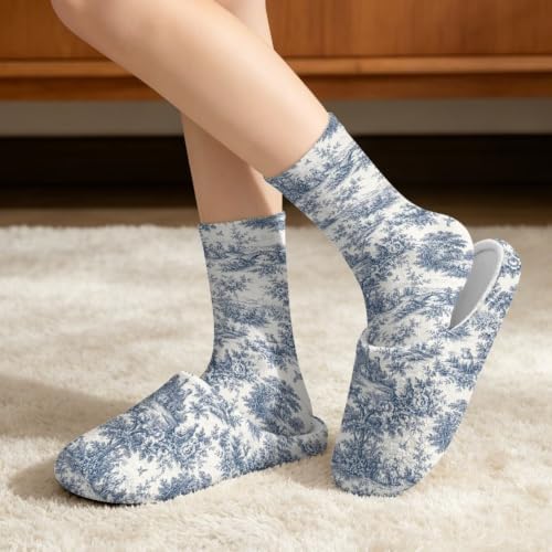Toile de Jouy Fuzzy Slipper with Socks for Women Cozy Slipper Indoor - Image 2