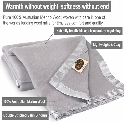 Creswick Woollen Mills 100% Australian Merino Wool Blanket – Soft Warm and Natural with Satin Binding, Breathable Luxury Bedding for All Seasons, (Light Gray, Full/Queen Size) - Image 3