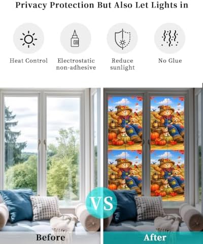 Window Privacy Film Frosted, Fall Reusable Static Cling Window Tints, Thanksgiving Harvest Country Pumpkins Maple Leaves Heat Control Windows Films for Offices, Balcony, 29.5 x 118 Inches - Image 6