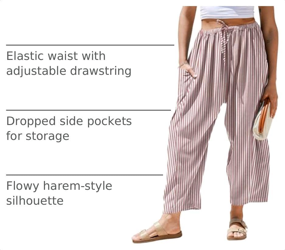 TARSE Womens Linen Wide Leg Striped Pants Casual Barrel Palazzo Harem Pants - Image 4