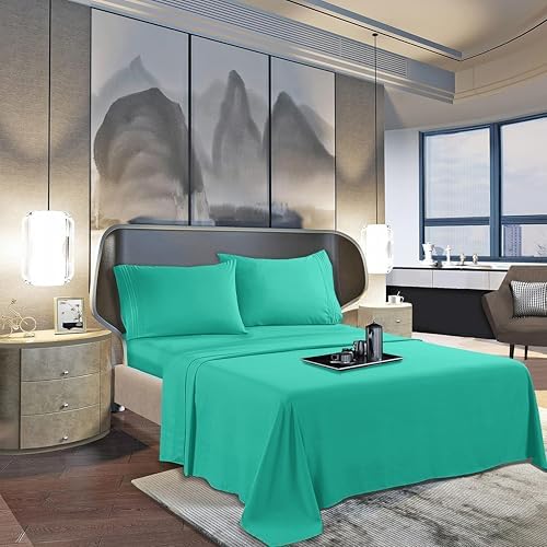 Mocassi Queen Sheet Set - Luxury Hotel 1800 Premier Bedding Sheets & Pillowcases - Ultra Soft Breathable & Cooling Bed Sheets - Deep Pocket - Wrinkle Resistant - 4 Piece - Queen, Paradise Teal - Image 3