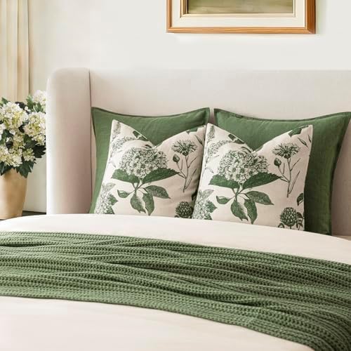Foindtower Set of 2 Linen Floral Throw Pillow Covers Neutral Vintage Print Decorative Cozy Cushion Covers Farmhouse Boho Home Decor for Sofa Chair Couch Bedroom Living Room,20×20 Inch,Dark Green - Image 7