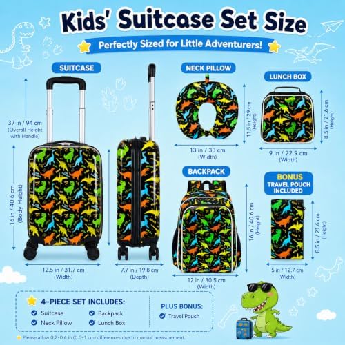 5PCS Kids Luggage Boys Suitcase Set, 16" Hardside Carry-on Dinosaur - Image 5