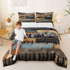 Erosebridal Rv Camper Full Size Comforter Set Happy Camping Bedding Set Rustic Farmhouse Wooden Board Bedding Comforter Sets Mountain Pine Trees Quilt 3 Pcs Blue Brown - Image 6