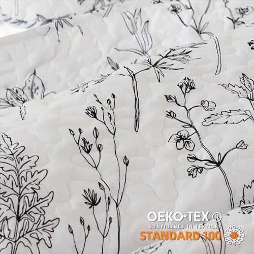 JANZAA Quilts Queen Size White Floral Bed Spread with Black Botanical Pattern Boho Queen Quilt Bedding Set Soft Lightweight Microfiber All Season (2 Pillow Cases) - Image 2