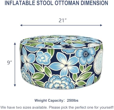 Outdoor Patio Inflatable Ottoman, 21x9 Inch Portable Stool Ottoman with Handle, Round Footrest Stool for Home Garden Camping, Azure Bloom - Image 2