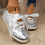 Women's Lace-up Fashion Ballerina Sneakers Dressy Ballet Flats Comfortable Tennis Walking Casual Shoes Fashion Lightweight Workout Athletic Low Top Glossy Round Toe Sports Dance Shoes - Image 2